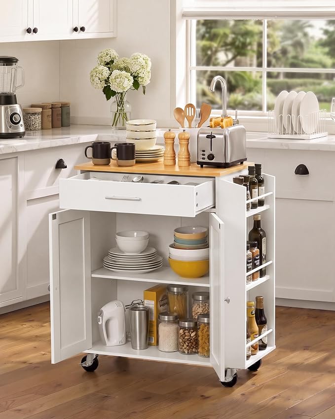 VEVOR Kitchen Island Cart with Storage, 31.3 in Wide Mobile Rolling Storage Island on Swivel Wheels, with Drawer, Storage Cabinet, Spice/Towel Rack, Table for Home Dining Room, White