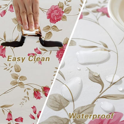 Spring Summer Vinyl Tablecloth with Flannel Backing Rectangle 52 x 70 Inch | Waterproof Stain Resistant Floral Plastic Table Cloth, PVC Table Cover for Dining, Party, Picnic, Outdoor, Rose