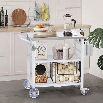 Folding Grill Table with Storage Rack, Stainless Steel Outdoor BBQ Cart, 3 Shelf Portable Grill Cart, Outdoor Kitchen Island and Pizza Oven Table for Blackstone Griddle