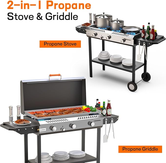 Veralune 3 Burner Outdoor Propane Gas Stove with Griddle, Ignition & Side Shelves, 225,000 BTU Powerful Stand Cooker for Backyard Patio Cooking Home Brewing Canning Turkey Frying
