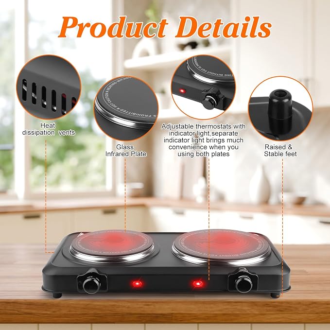 1800W Electric Stove Infrared Burner, Portable Double Burner Electric Cooktop with Stepless Temperature Adjustments, Counter Dual Stove with 7.5” Glass Cooktop for Home RV Camp Cooking