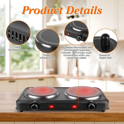 1800W Electric Stove Infrared Burner, Portable Double Burner Electric Cooktop with Stepless Temperature Adjustments, Counter Dual Stove with 7.5” Glass Cooktop for Home RV Camp Cooking