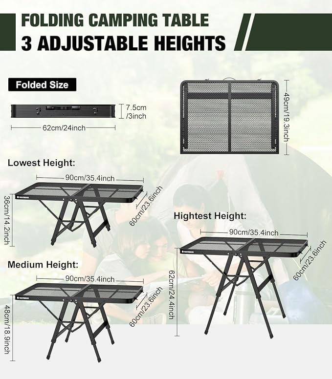 Raynesys Portable Folding Grill Table for Ourdoor, Camping, Picnic, BBQ | Foldable Grill Table with Mesh Desktop, 200lbs 3Ft Height Adjustable Metal Table, 35.4" L x 23.6" W