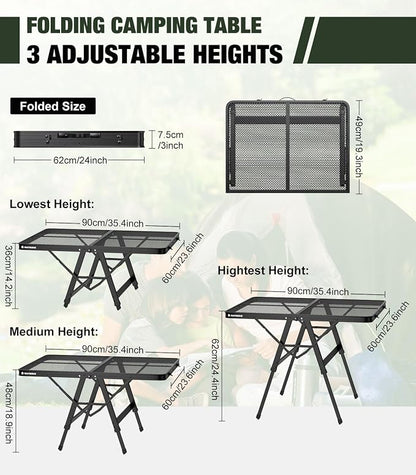 Raynesys Portable Folding Grill Table for Ourdoor, Camping, Picnic, BBQ | Foldable Grill Table with Mesh Desktop, 200lbs 3Ft Height Adjustable Metal Table, 35.4" L x 23.6" W