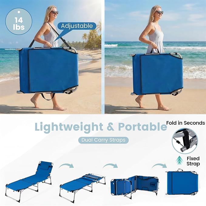 Goplus Tanning Chair with Face Arm Holes, Portable Sunbathing Chair with 4-Level Backrest & Head Pillow, Patio Lay Flat Folding Chaise Lounge with Side Pocket & Shoulder Strap for Poolside, Beach