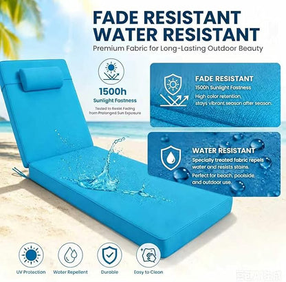 Chaise Lounge Cushion for Outdoor Furniture, Waterproof, Fade-Resistant and Tear Resistant, Patio Lounger Pads with Removable Cover for Pool, Deck, Lawn, 80x26x4 inch, Teal