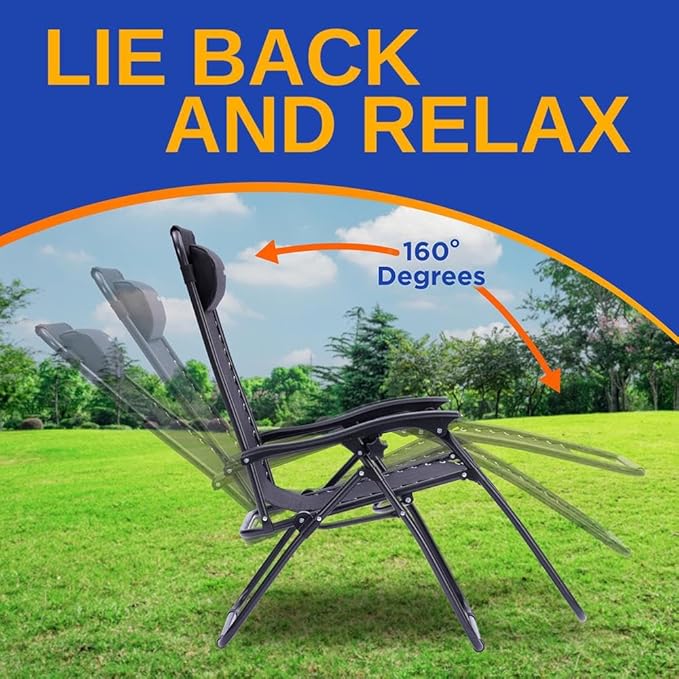 SereneLife Zero Gravity Outdoor Lounge Chairs 2 Pack – Folding Recliners with Side Table, Cup Holder & Padded Headrest – Adjustable Patio Chairs for Lawn, Garden, Deck, Camping (Black)