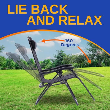 SereneLife Zero Gravity Outdoor Lounge Chairs 2 Pack – Folding Recliners with Side Table, Cup Holder & Padded Headrest – Adjustable Patio Chairs for Lawn, Garden, Deck, Camping (Black)