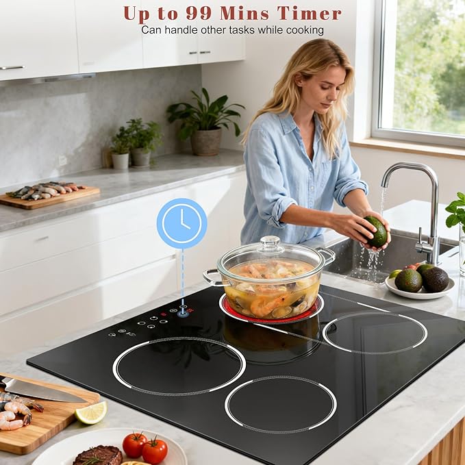 24 Inch Electric Cooktop Built-in, 4 Burner Electric Stove with 6900W Total High Power, 24" Ceramic Cooktop with BBQ Burner, Touch Control, Child Safety Lock, 220V-240V Hard Wire, No Plug