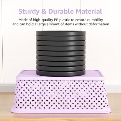 MaxGear 3 Pack Plastic Storage Baskets, Large, Purple | Durable Woven Plastic with Built-In Handles, Suitable for Shelves, Closets, Cabinets, Bathrooms and Offices