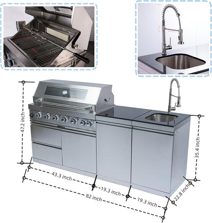 82-Inch Outdoor Kitchen Island with 6Burner, Gas Outdoor Kitchen Bar Island BBQ Grill with 85000 BTU, Rotisserie, Granite Countertops, Storage Cabinets & Drawers, Silver