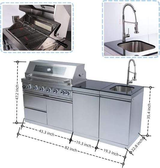 82-Inch Outdoor Kitchen Island with 6Burner, Gas Outdoor Kitchen Bar Island BBQ Grill with 85000 BTU, Rotisserie, Granite Countertops, Storage Cabinets & Drawers, Silver