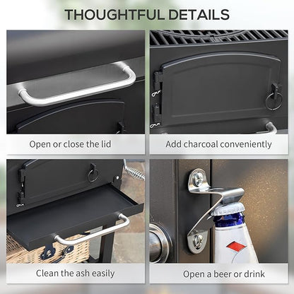 GOWE Charcoal Grill, BBQ with Adjustable Height, Portable Barbecue with Folding Shelves, Thermometer, Bottle Opener & Wheels for Outdoor Camping, Picnic, Patio, Backyard, Black
