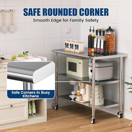 Stainless Steel Work Table with Wheels, 24x48 Inch NSF Kitchen Prep Table with 2 Adjustable Undershelves for Commercial Restaurant, Garage, Outdoor BBQ
