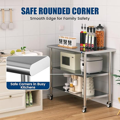 Stainless Steel Work Table with Wheels, 24x48 Inch NSF Kitchen Prep Table with 2 Adjustable Undershelves for Commercial Restaurant, Garage, Outdoor BBQ
