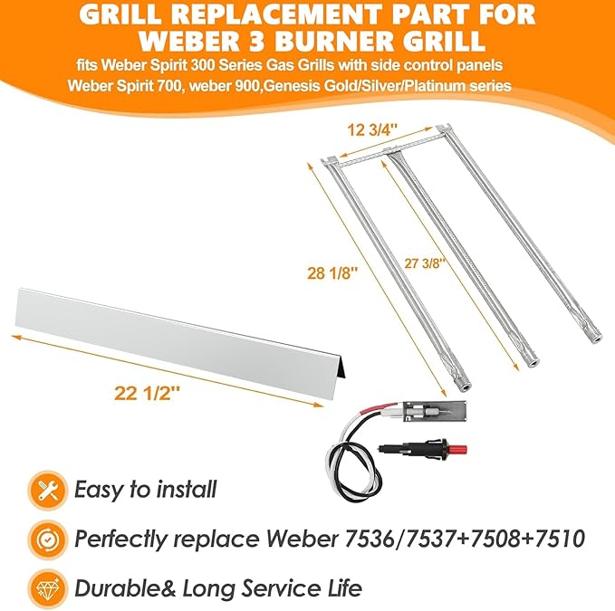 Grill Parts Replacement for Weber Spirit 300, 700 900 Genesis Silver/Gold B/C Gas Grills, Flavorizer Bars 7537 7536 & Burner Tube 7508 & Igniter for Weber Spirit Genesis E310 with Side Mounted Control