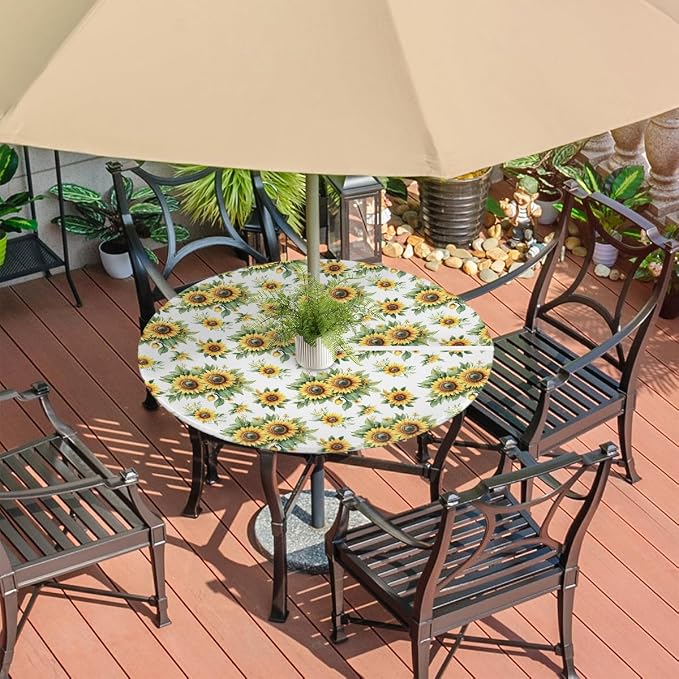 Sunflowers Outdoor Fitted Round Tablecloth with Umbrella Hole, 45"-56" Elastic Patio Table Cloth with Zipper Oil-Proof Waterproof Patio Table Cover for Picnic Party Spring Decoration