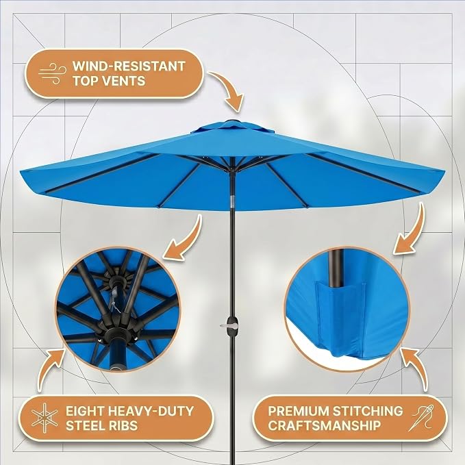 Greesum 9FT Outdoor Patio Umbrella, Table Umbrella for Yard, Market, Heavy-Duty Waterproof Pool Umbrella with 8 Sturdy Ribs, UV Protection for Beach, Deck, Garden, Backyard
