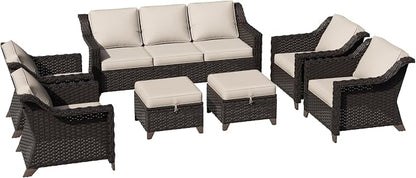 7 Piece Patio Furniture Set, Wicker Outdoor Conversation Set | Patio Chair Set with Olefin Removable Cushion, All-Weather Outdoor Couch with Deep Seat for Porch, Deck and Backyard, Beige
