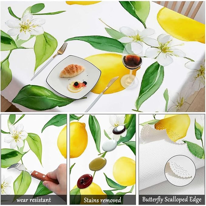 Swono Lemon Table Cloth Rectangle Tables Fruits Lemon Leaves Floral Kitchen Table Cover Oblong 52"X70" Tablecloth for Dining Table Buffet Parties Patio and Camping, Yellow Green