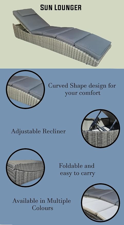 Foldable Outdoor Chaise Pool Lounge Chair Folding Wicker Rattan Sun Bed Patio Couch Reclining Lounger Adjustable Padded Backrest Pillow Assembled - Grey