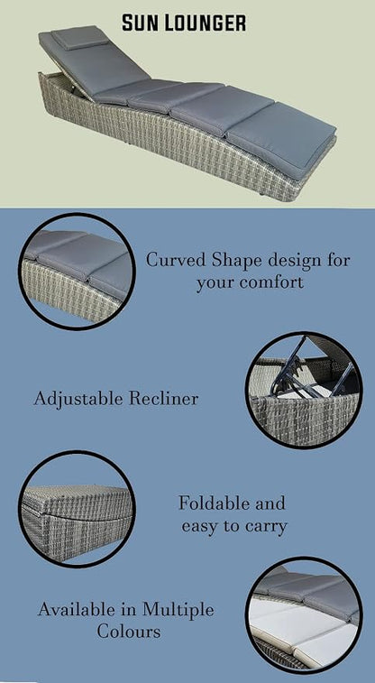 Foldable Outdoor Chaise Pool Lounge Chair Folding Wicker Rattan Sun Bed Patio Couch Reclining Lounger Adjustable Padded Backrest Pillow Assembled - Grey