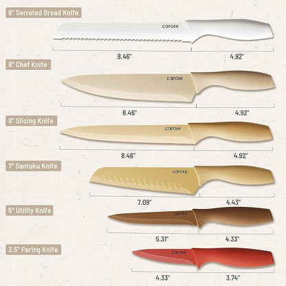 CAROTE Knife Set, 12 Pieces Kitchen Knife Set, 6 Stainless Steel Knives with Blade Guards & Nonstick Ceramic Coating, Rustproof, Color-Coded, Ergonomic Handles