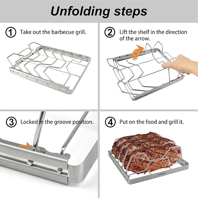 Foldable Rib Rack for Smoking, Stainless Steel 10 in Rib Rack with 2 Meat Shredder Claws, and Black PP Tray, Perfect for Grilling, Smoking, and Serving, BBQ Accessories