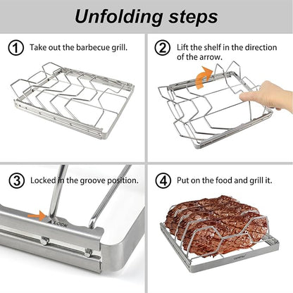 Foldable Rib Rack for Smoking, Stainless Steel 10 in Rib Rack with 2 Meat Shredder Claws, and Black PP Tray, Perfect for Grilling, Smoking, and Serving, BBQ Accessories