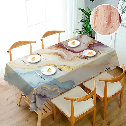 Swono Marble Tablecloth Abstract Pink Golden Waves Marble Pattern Rectangle Table Cloth Washable Plaid Table Cover for Kitchen Holiday Dinner, 52x 70 Inch Tablecloth