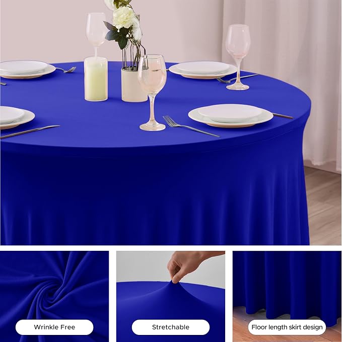 Fitted Royal Blue Spandex Table Skirts for Wedding Party,60 Inch Round | 6 Pack Spandex Table Covers, For 5 Ft Wedding Cake Tables, Wrinkle Resistant, Ruffle Design Banquets, Baby Showers, Parties