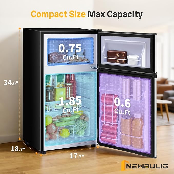 NEWBULIG Mini Fridge with Freezer 3.2 Cu.Ft Small Refrigerator for Office, Dorm, Small Fridge with Adjustable Thermostat, Energy Saving, Dual Door, Sliver