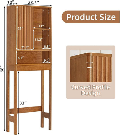 LEYAOYAO Fluted Over The Toilet Storage Cabinet, Farmhouse Over Toilet Bathroom Organizer with a Sliding Door, 68" Tall Tea Brown Freestanding Washer Shelf with Adjustable Shelf & Curved Profile