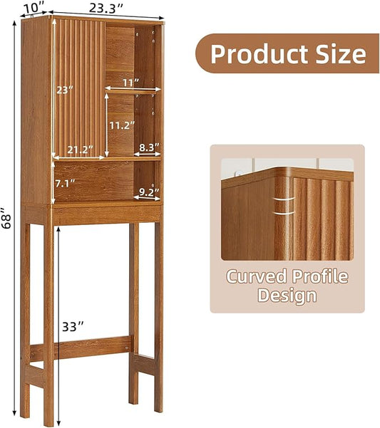 LEYAOYAO Fluted Over The Toilet Storage Cabinet, Farmhouse Over Toilet Bathroom Organizer with a Sliding Door, 68" Tall Tea Brown Freestanding Washer Shelf with Adjustable Shelf & Curved Profile