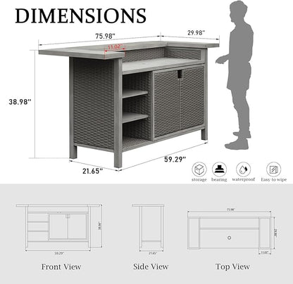 Domi Outdoor Home Bar Unit, All-Weather Wicker & Aluminum Frame Farmhouse Bar Furniture with Storage, Waterproof Rattan Buffet Table with Shelves and Cabinet, Easy-to-Clean for Patio Kitchen