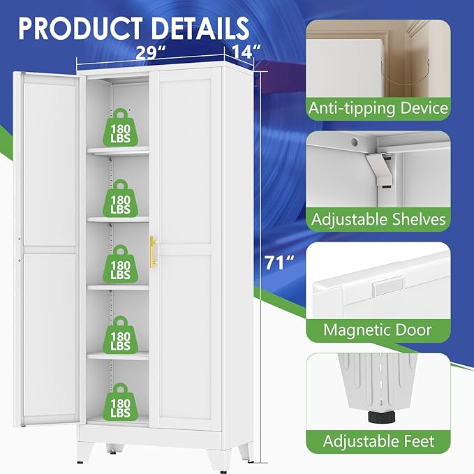 71" Metal Garage Storage Cabinet with 2 Doors and 4 Adjustable Shelves,Metal Storage Cabinets,Steel Tool Cabinets for Home,Office,Garage,Warehouse (White, 71''H x 29''W x 14''D)