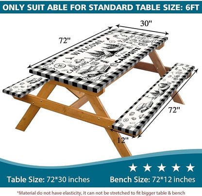 Picnic Table Cover with Bench Covers Elastic Edges, Black & White Gingham Camping Table Cover, Waterproof Windproof Fitted, for Outdoor Camping Patio Backyard BBQ Party, Drawstring Bag, 72 Inch 3PCS