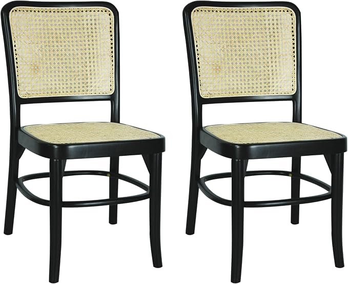 JONATHAN Y Colmar Mid-Century Black Mahogany Rattan Dining Chairs Set of 2 | For Kitchen And Home Office, Woven Cane Back, Armless Side Seating, Indonesian Solid Wood, Vintage Bohemian Style