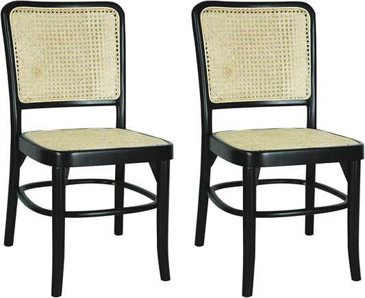 JONATHAN Y Colmar Mid-Century Black Mahogany Rattan Dining Chairs Set of 2 | For Kitchen And Home Office, Woven Cane Back, Armless Side Seating, Indonesian Solid Wood, Vintage Bohemian Style