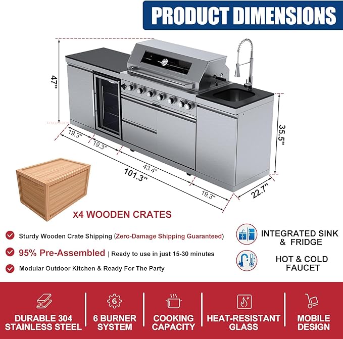 Outdoor Kitchen Island, 85,000 BTU 6 Main Burners, 304 Stainless Steel Propane Gas Grill, Prefab BBQ Island Station with Rotisserie Kit, 68L Fridge, Sink & Granite Countertops