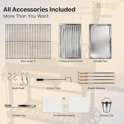 Flintex Argentine Santa Maria Grill, Wood & Charcoal Parrilla BBQ Brasero Grill with Asado Tools, Multi-Function Adjustable Height, Easy Clean with Ash & Grease Collector, Ideal for Asado, Backyard