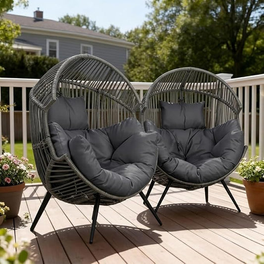 Shintenchi Oversized Outdoor Wicker Egg Chair Set of 2, Patio Lounge Chair Basket Seat with Thick Cushion, All Weather Indoor Outdoor Porch Rockers for Balcony, Living Room, Lawn Garden