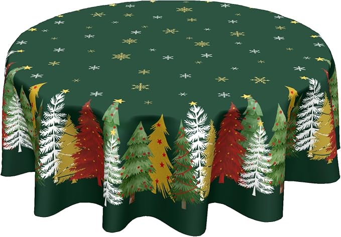 Sweetshow Xmas Trees Table Cloth Round 70 Inch Polyester Table Cover | Green Xmas Table Cloth Round White Snowflake Tablecloth Washable Stain and Wrinkle Xmas Round Table Cover for Dining Picnic