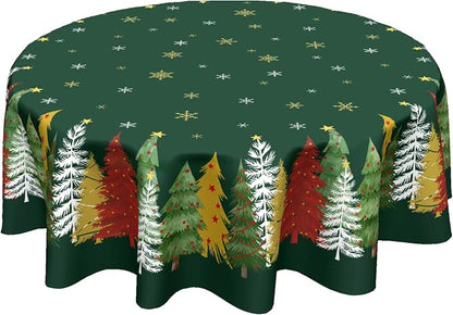 Sweetshow Xmas Trees Table Cloth Round 70 Inch Polyester Table Cover | Green Xmas Table Cloth Round White Snowflake Tablecloth Washable Stain and Wrinkle Xmas Round Table Cover for Dining Picnic