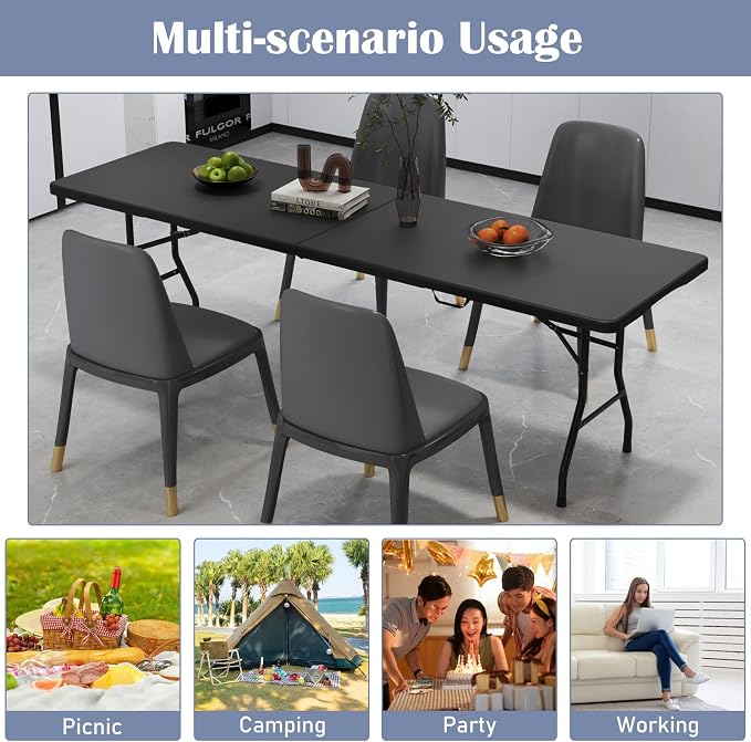 Tangkula 8 FT Folding Table, Indoor Outdoor Foldable Plastic Table | HDPE Tabletop, Sturdy Metal Fame, Carrying Handle, Heavy Duty, Portable ,Fold-in-Half, for Picnic, Camping, BBQ, Party