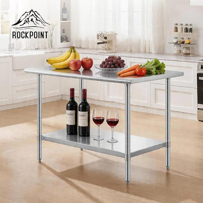 ROCKPOINT SS304 Top All Stainless Steel Table for Prep & Work 30x48 Inches, NSF Commercial Kitchen Heavy Duty Table with Adjustable Undershelf for Restaurant,Kitchen, Home and Hotel