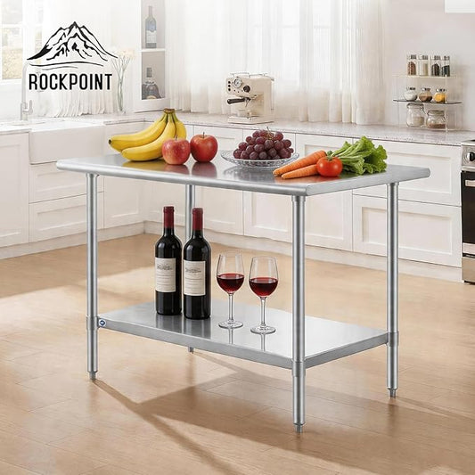 ROCKPOINT SS304 Top All Stainless Steel Table for Prep & Work 30x48 Inches, NSF Commercial Kitchen Heavy Duty Table with Adjustable Undershelf for Restaurant,Kitchen, Home and Hotel