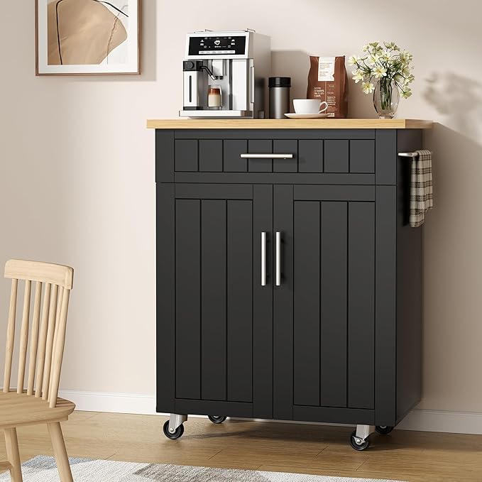 Shintenchi Kitchen Island cart with Storage, Portable Bar Cabinet on Wheels, Rolling Microwave Cart Side Table with Workstation for Kitchen, Dinning Room, Black
