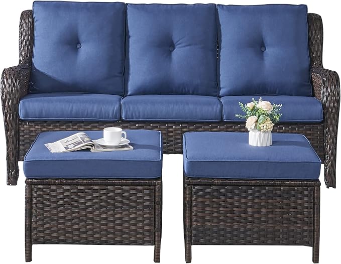 Rilyson Wicker Outdoor Patio Sofa with Ottoman, Large 3 Seater Wicker Patio Couch with 4in Replaceable Seat Cushions and Deep Seating, All Weather for Backyard, Garden, Poolside (Brown/Blue)