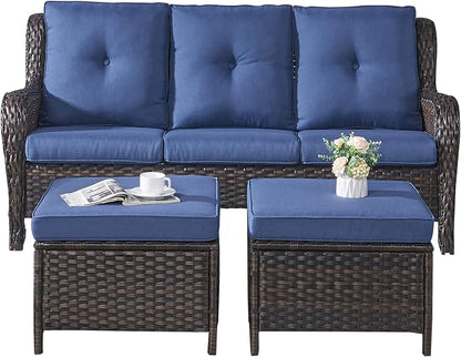 Rilyson Wicker Outdoor Patio Sofa with Ottoman, Large 3 Seater Wicker Patio Couch with 4in Replaceable Seat Cushions and Deep Seating, All Weather for Backyard, Garden, Poolside (Brown/Blue)